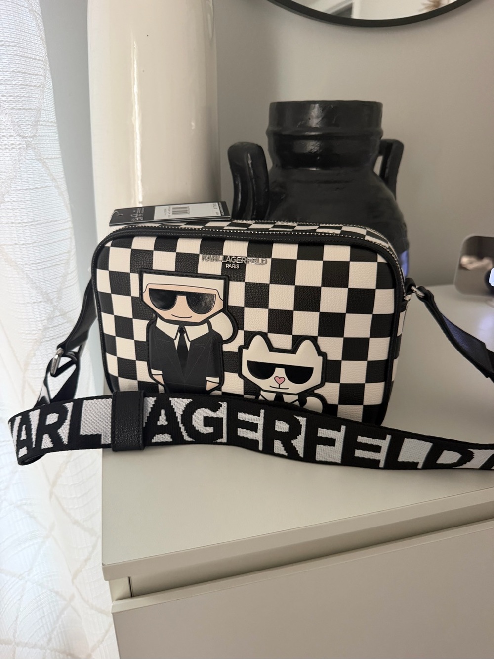 Karl Lagerfeld Black and White Checkerboard Crossbody Camera Bag